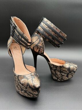 Scene Weaver Black and Gold Snakeskin Platform Pumps with Strappy Ankle